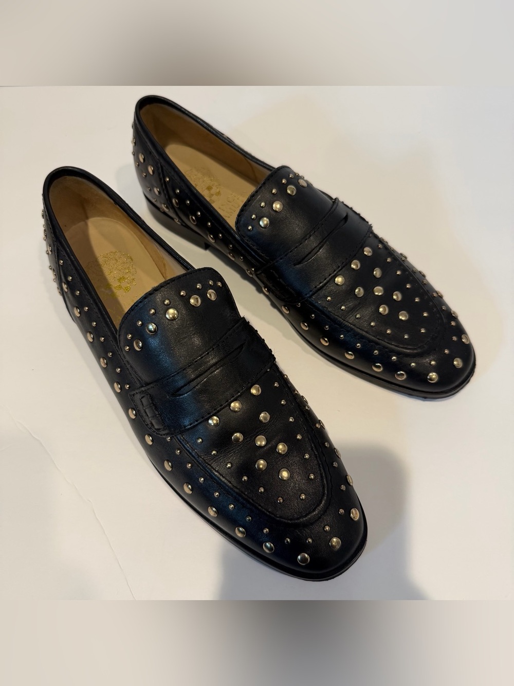 Vince Camuto Women's Black Leather Studded Penny Loafers - Picture 3 of 8